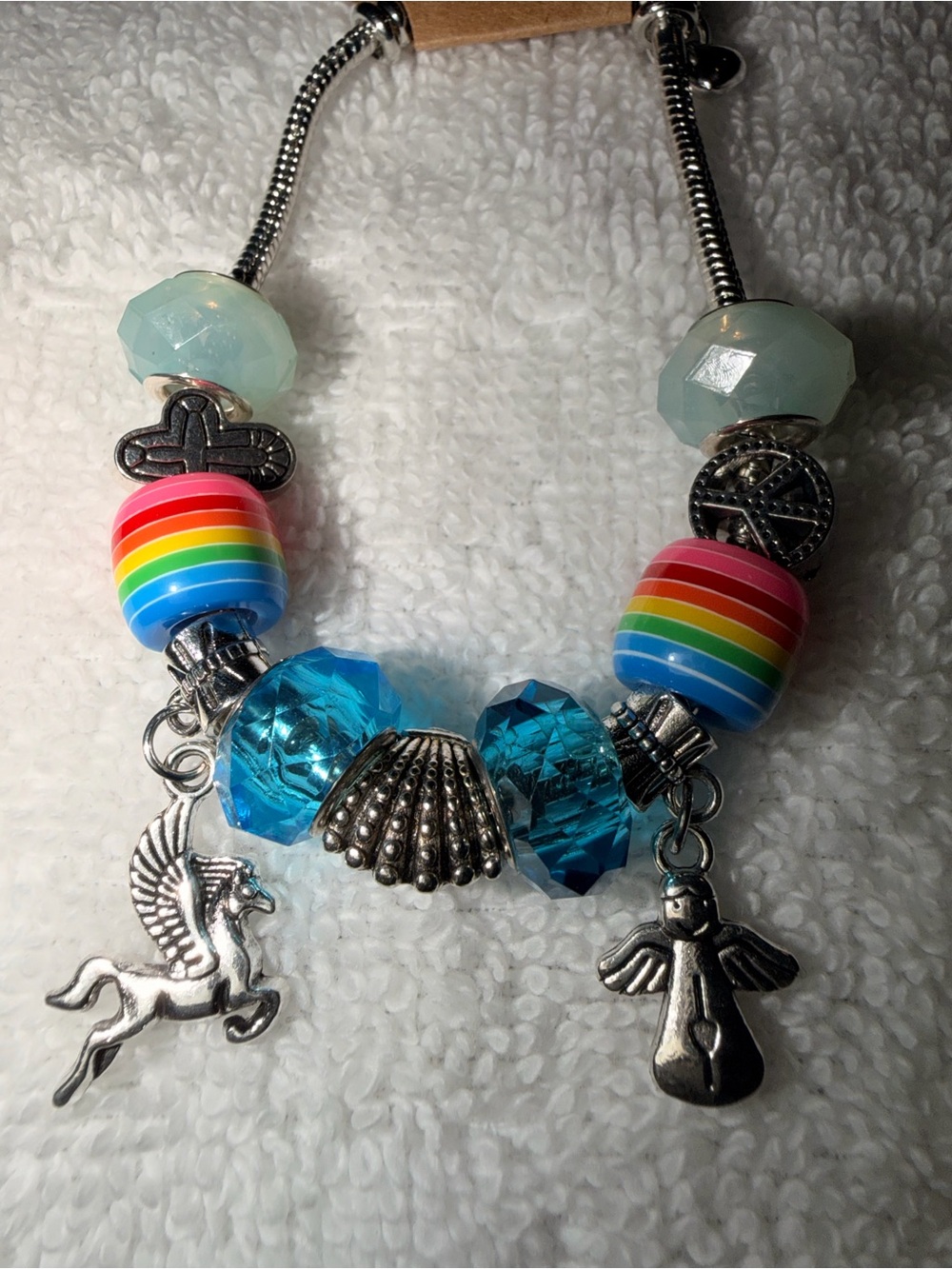 Silver-Tone Charm Bracelet with Blue Crystals & Rainbow Beads